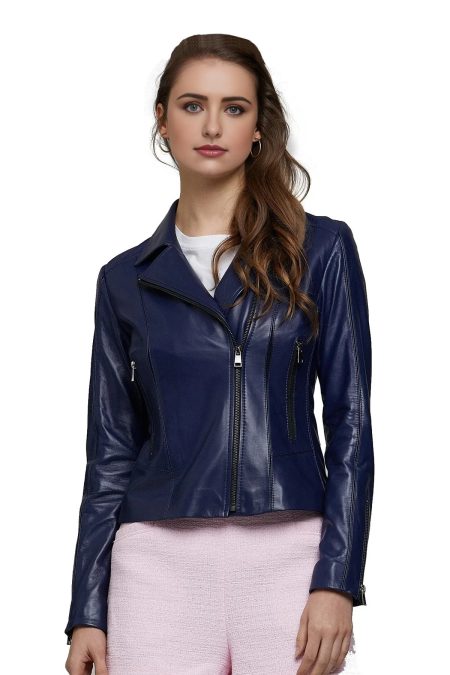 Ashley Graham Real Navy-Blue Leather Jacket For Women