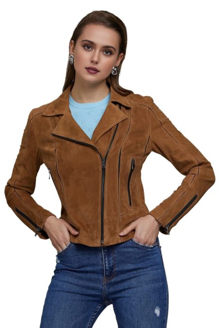 Barbara Women’s 100% Real Camel Brown Leather Suede Jacket