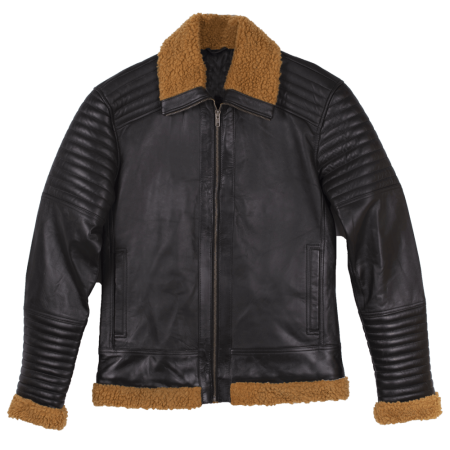 Black Shearling Fur Leather Jacket For Men