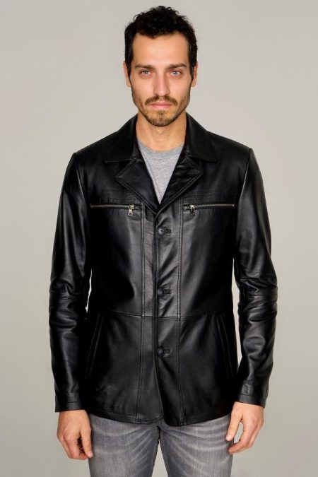 Lucas Black Blazer Leather Jacket with Lapel For Men
